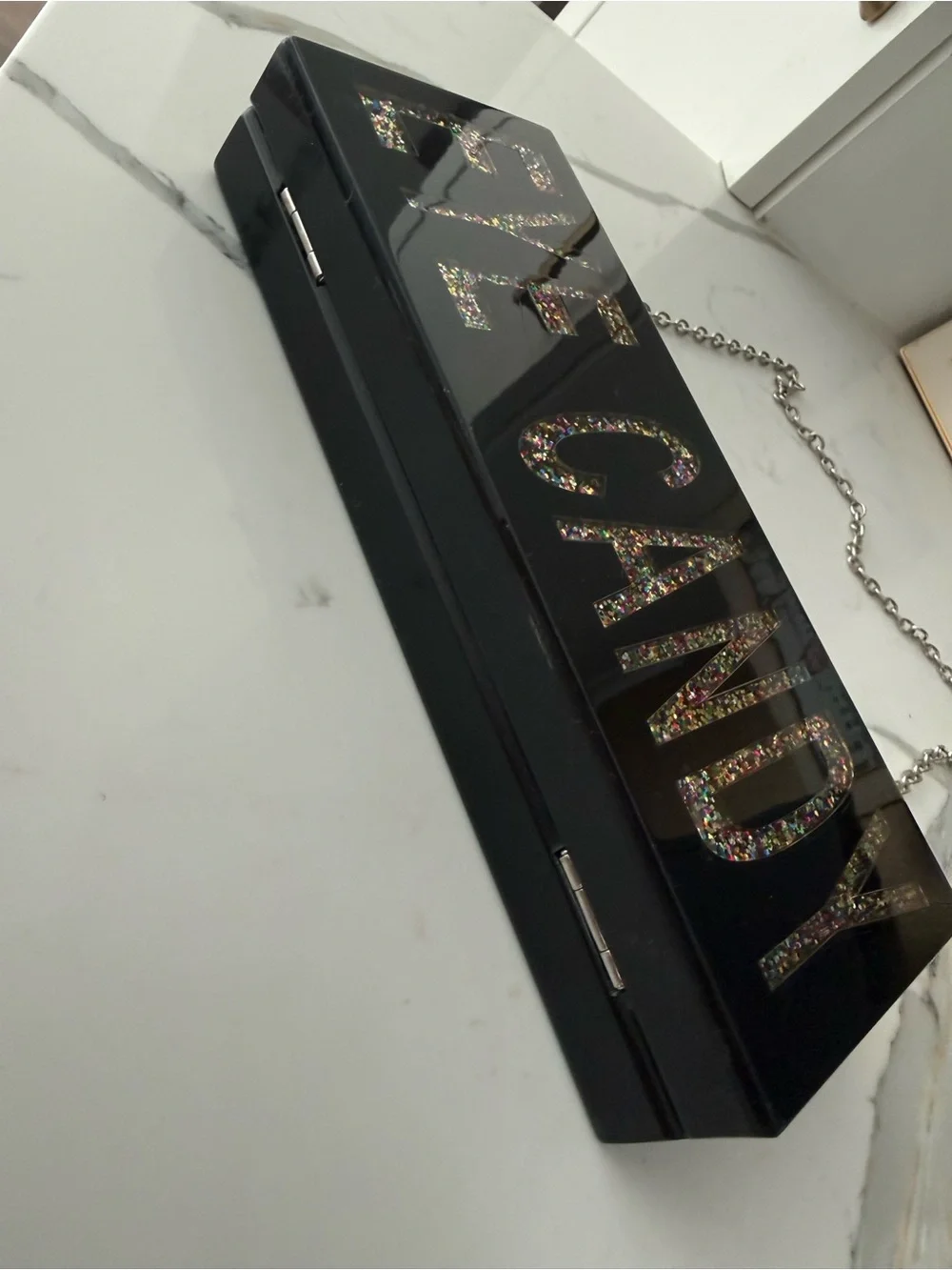 Nordstrom Black 'EYE CANDY' Glitter Acrylic Box Clutch with Silver Chain